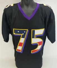 Jonathan Ogden Signed Baltimore Ravens USA Flag Custom Stat Jersey (JSA COA)