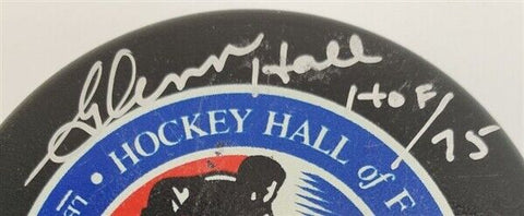 Glenn Hall "HOF 75" Signed Hockey Hall of Fame Puck (Schwartz COA) Blackhawks