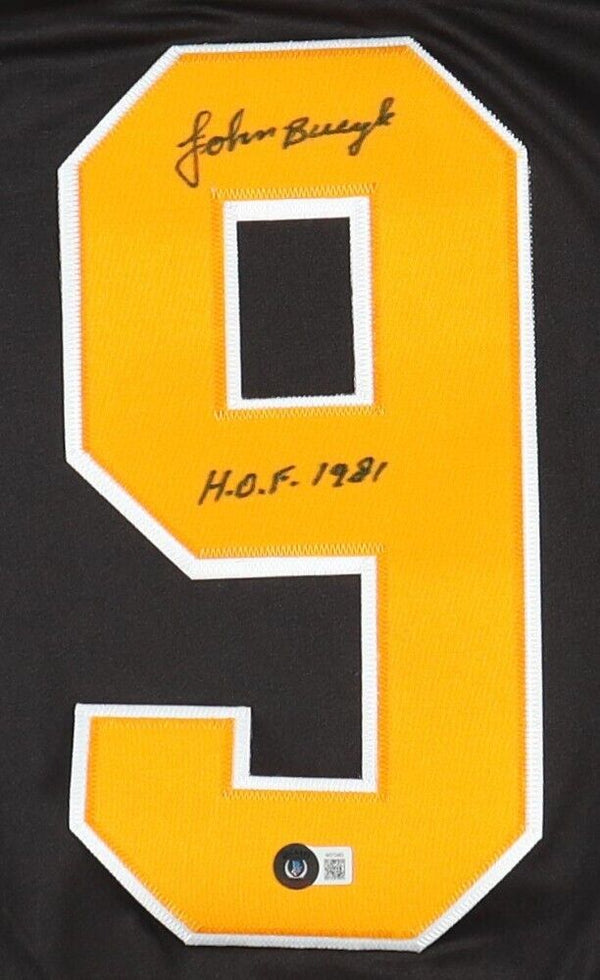 John Bucyk Autographed Signed Boston Bruins Throwback Jersey Inscribed HOF  1981 (Beckett))
