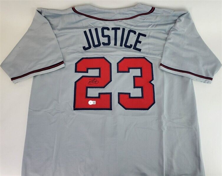 Dave Justice Signed Atlanta Braves Road Jersey (Beckett) 2xWorld Serie –