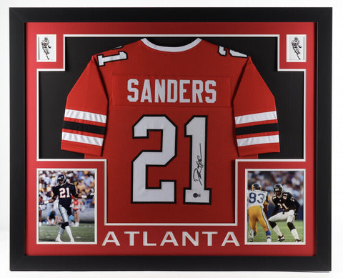 Deion Sanders Signed Atlanta Falcons 35x43 Framed Jersey (Beckett Hologram) DB