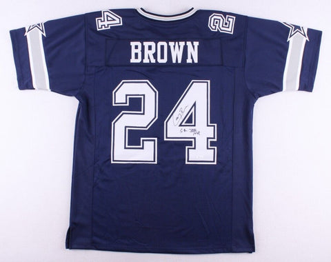 Larry Brown Signed Dallas Cowboys Blue Jersey (JSA COA) Super Bowl XXX M.V.P.