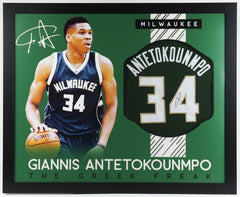Giannis Antetokounmpo Signed 35x43 Framed Milwaukee Bucks Jersey (JSA COA)