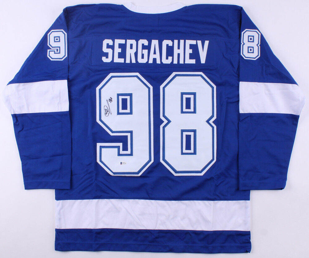 Autographed/signed Mikhail Sergachev Tampa Bay White Hockey 