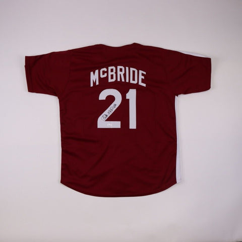 Phillies Bake McBride signed jersey with 80 WS Champs Inscription W/COA