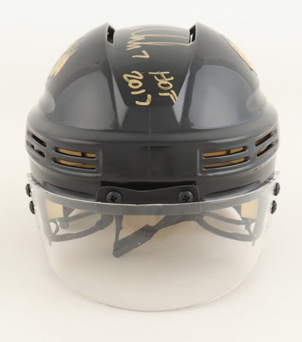 Chris Chelios Signed Chicago Blackhawks Mini Helmet Inscribed "HOF 2013" Beckett