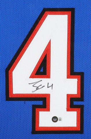 James Cook Signed 35x43 Framed Buffalo Bills Jersey (Beckett)2nd Year Uniform #4