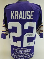 Paul Krause Signed Minnesota Vikings Career Hilite Stat Jersey (Pro Player COA)