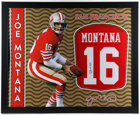 Joe Montana Signed San Francisco 49ers 35x43 Custom Framed Jersey (JSA Holo) Q.B