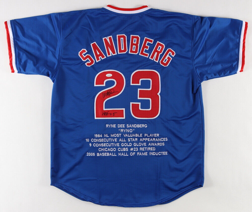 Ryne Sandberg Signed Chicago Cubs Career Stat Jersey Inscribed HOF 05 –