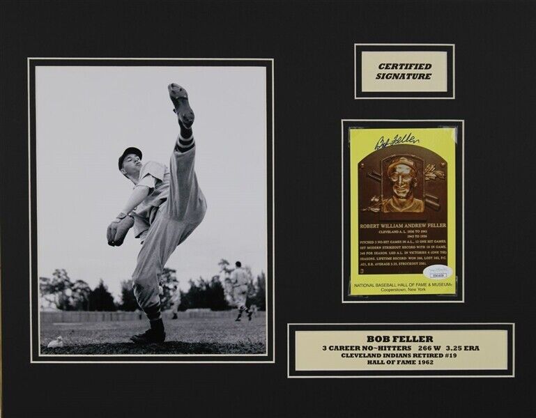 Bob Feller Signed Hall of Fame Plaque Card 14x18 Matted Display (JSA) Indians