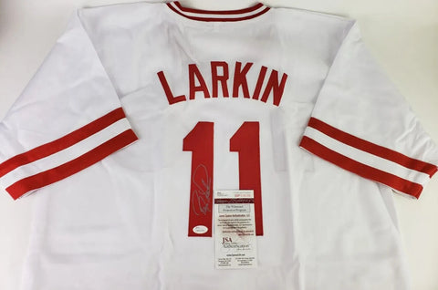 Barry Larkin Signed Cincinnati Red Jersey (JSA COA) 12xAll Star S.S. / HOF 2012