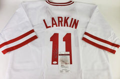 Barry Larkin Signed Cincinnati Red Jersey (JSA COA) 12xAll Star S.S. / HOF 2012