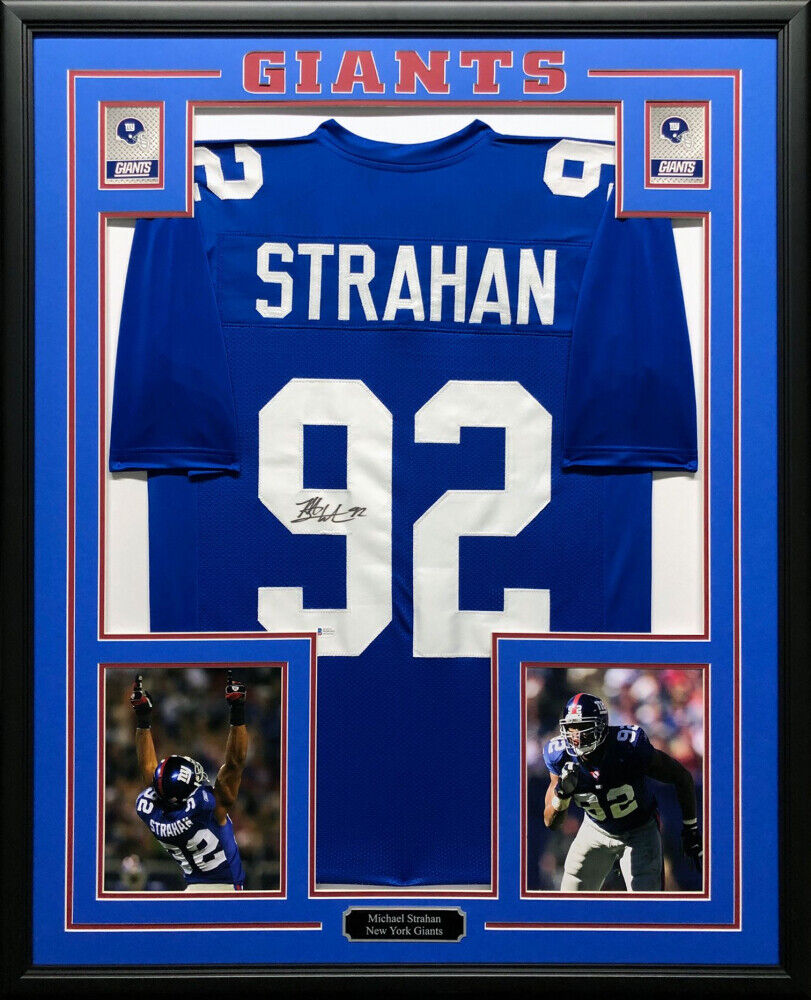 Michael Strahan Signed Giants 35x43 Framed Jersey Super Bowl XLII Champ  Beckett