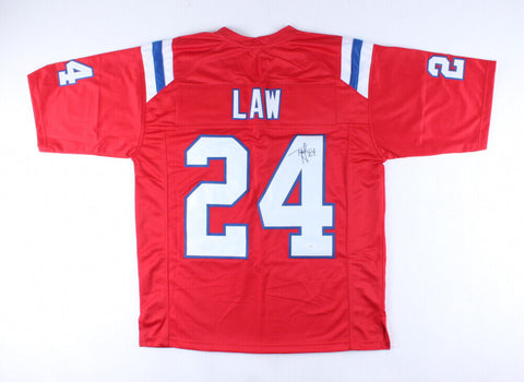 Ty Law Signed New England Patriots Red Jersey (JSA COA) 3xSuper Bowl Champion