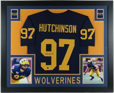 Aidan Hutchinson Signed Michigan Wolverines 35x43 Framed Jersey (Beckett) Det DE