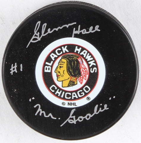 Glenn Hall Signed Blackhawks "Original Six" Logo Hockey Puck Inscribed Mr Goalie
