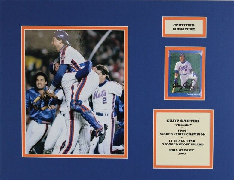 Gary Carter Signed New York Mets Auto Card in 14x18 Photo Matted Display JSA COA