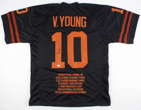 Vince Young Signed Texas Longhorns Highlight Stats Black Jersey (Beckett COA)