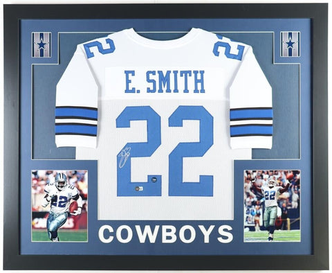 Emmitt Smith Signed Dallas Cowboys 35x43 Framed Jersey (Beckett Hologram) R.B.