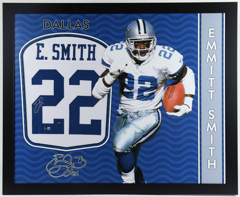 Emmitt Smith Signed Dallas Cowboys 35x43 Framed Jersey (Beckett Hologram) R.B.