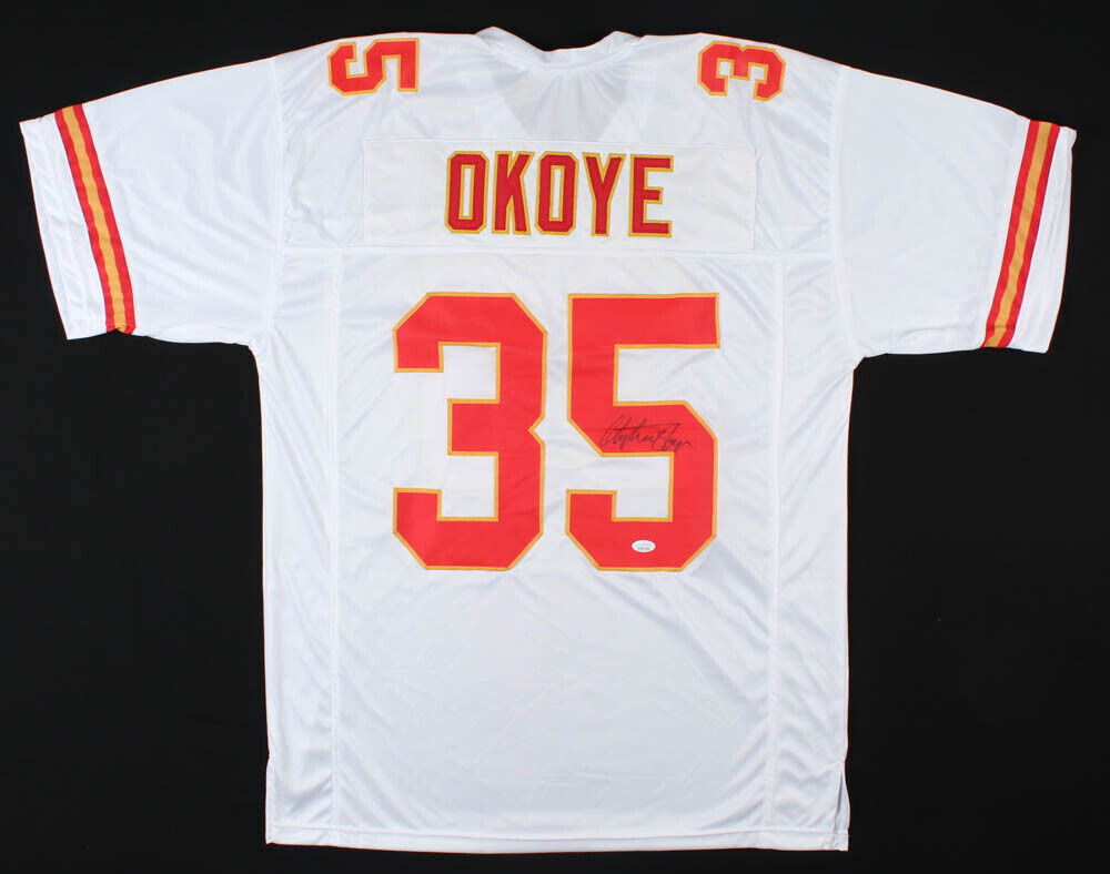 Christian Okoye Signed Kansas City Chiefs White Jersey (JSA COA) Runni –