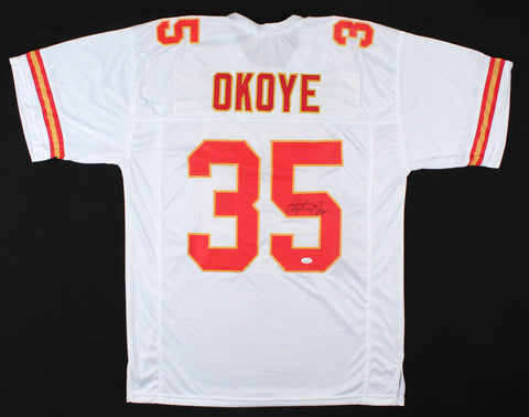 Christian Okoye Signed Kansas City Chiefs White Jersey (JSA COA) Running Back