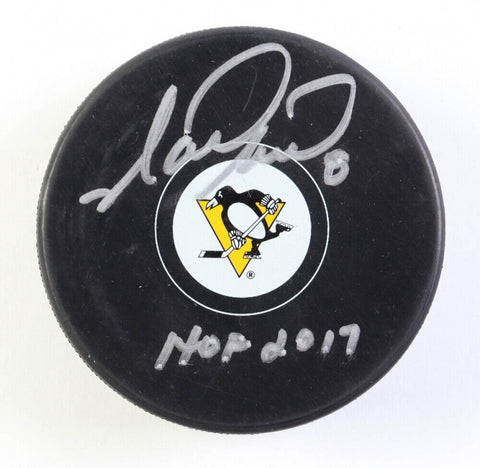 Mark Recchi Signed Pittsburgh Penguin Logo Hockey Puck (MAB) 577 NHL Goals / HOF