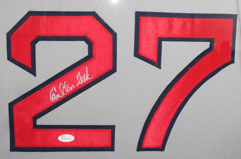 Carlton Fisk Signed Boston Red Sox 35x43 Framed Gray Jersey (JSA) AL 1972 R.O.Y.