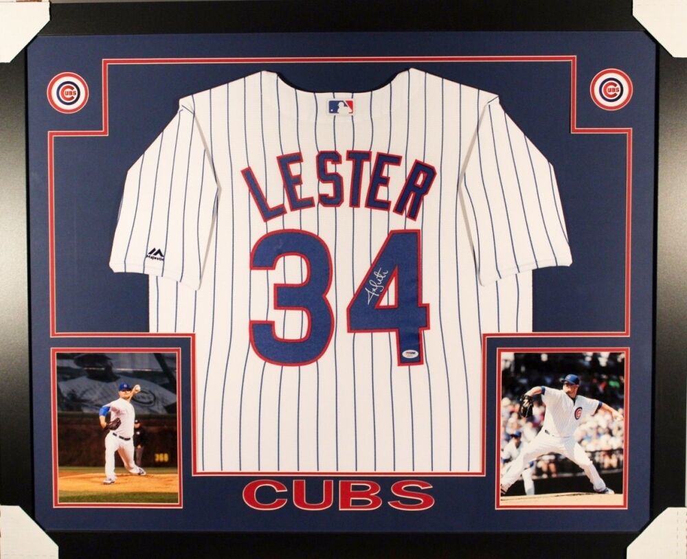 Jon Lester Signed Cubs 35x43 Custom Framed Jersey PSA COA/2016 World Series Hero