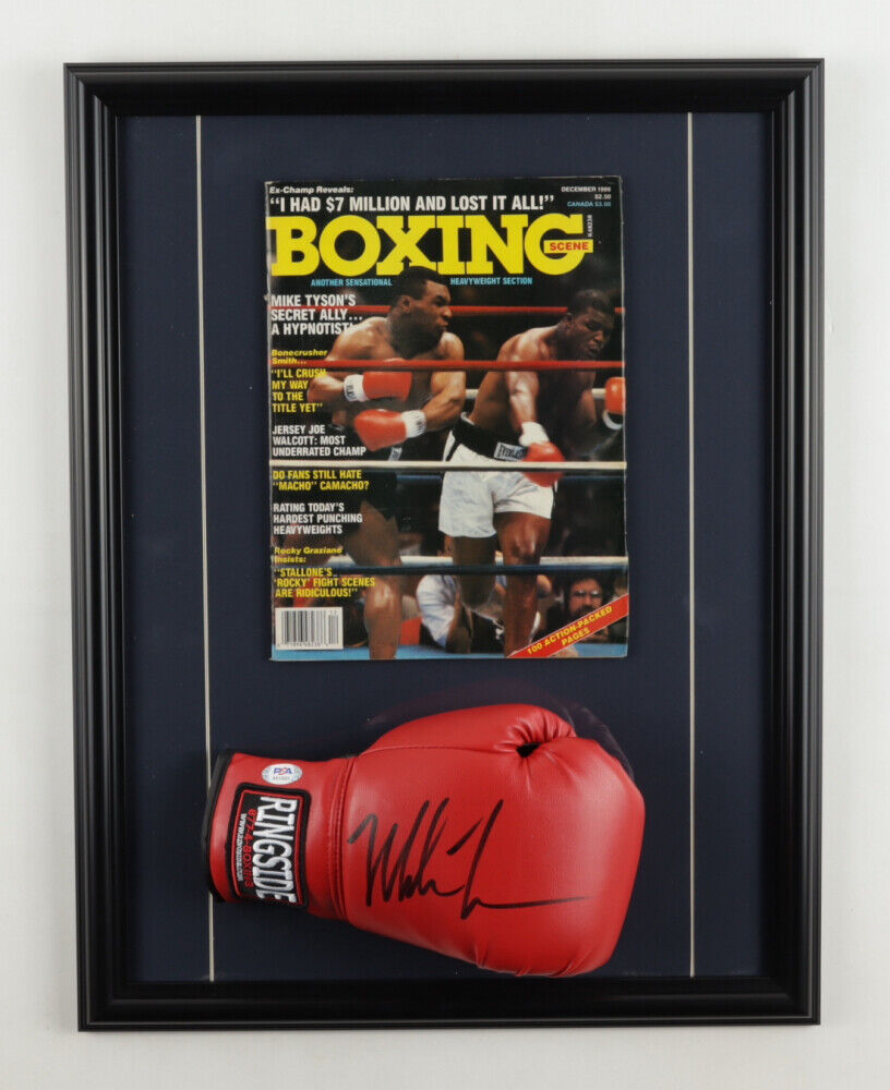 Mike Tyson Signed 17x22 Frame Ringside Boxing Glove Display 1986 Boxing Magazine