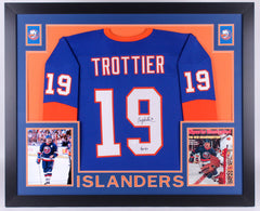 Bryan Trottier Signed Islanders 35x43 Custom Framed Jersey Inscribed"HOF 97" JSA