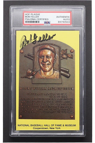 Bob Feller Indians Signed Gold HOF Postcard (PSA Encap.) 1948 World Series Champ